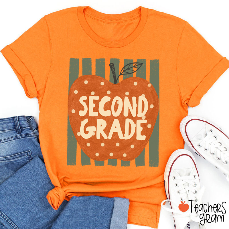 Personalized Grade Heart Apple Vertical Stripe Teacher T-Shirt