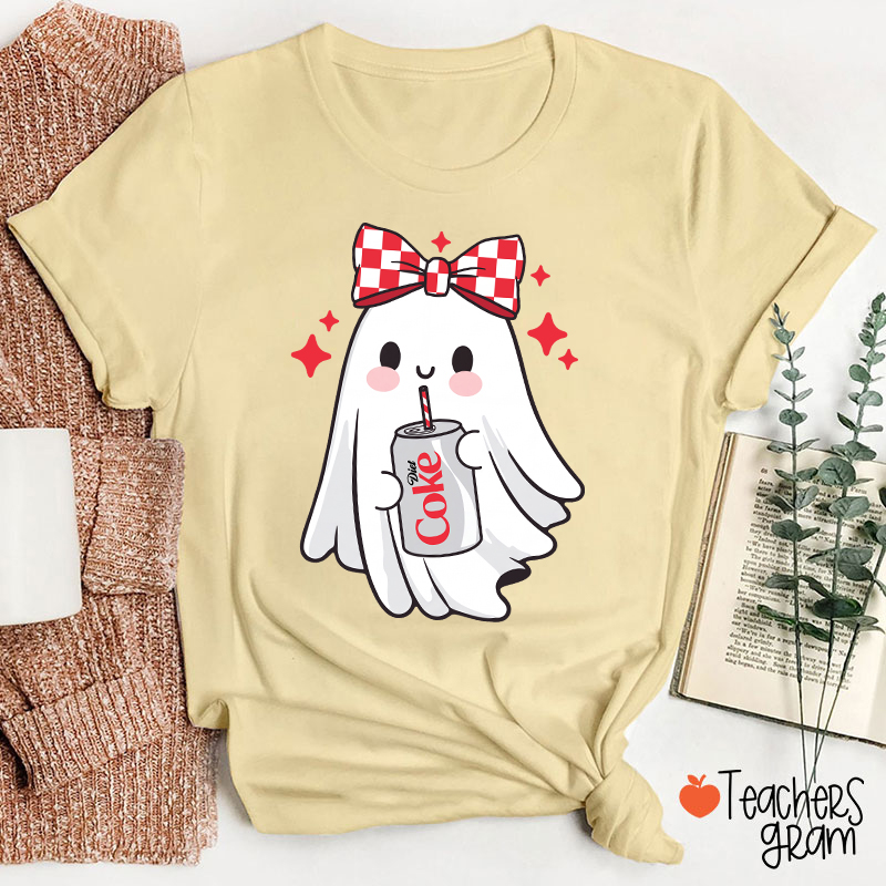 Cute Ghost With Red Checkered Bow Soda Drink Halloween Teacher T-Shirt
