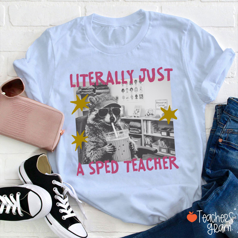 Literally Just A SPED Teacher Raccoon Bubble Tea Teacher T-Shirt