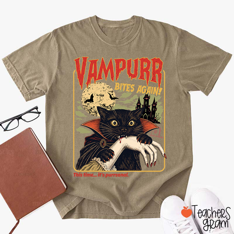 Vampurr Bites Again Vampire Black Cat Halloween Teacher T-Shirt