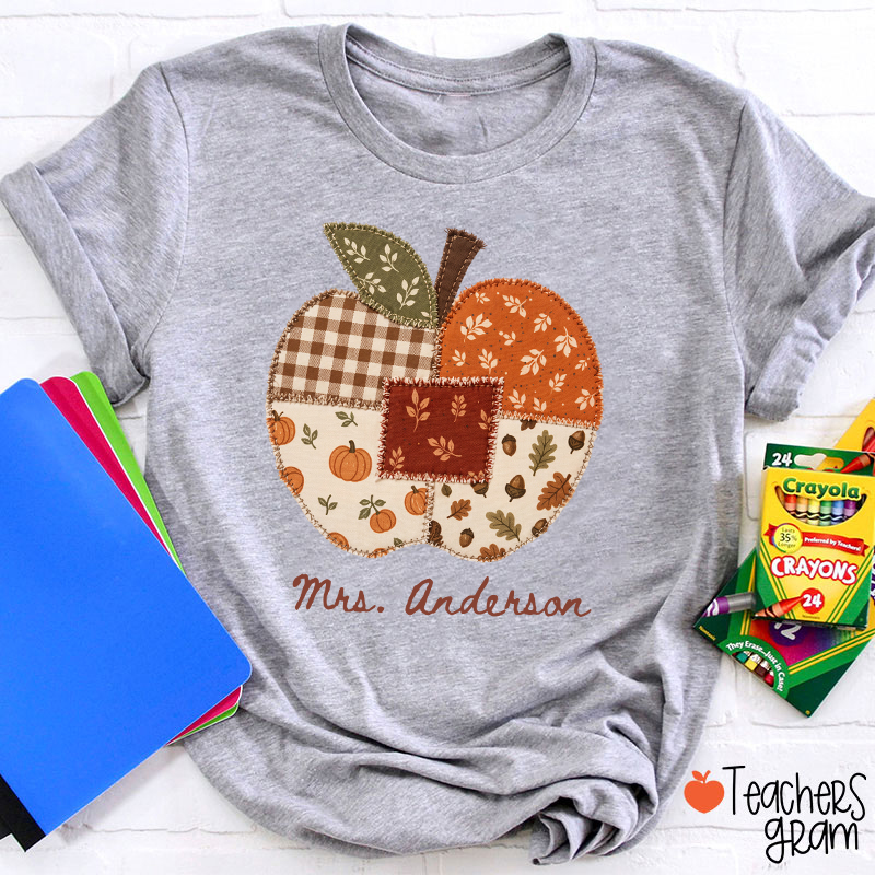 Personalized Name Faux Patchwork Punkpkin Teacher T-Shirt