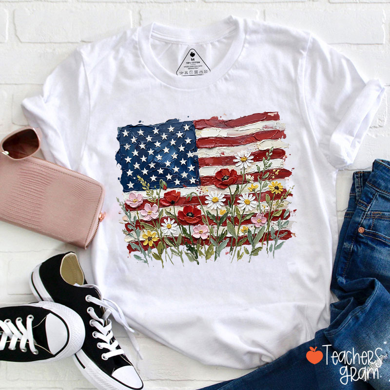 American Flag Floral Teacher T-Shirt