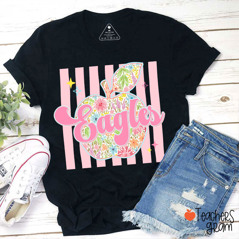 Personalized Text Preppy Stripes Floral Apple Teacher T-Shirt