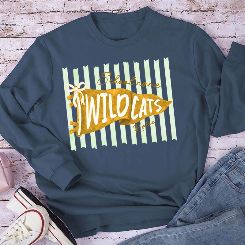 Personalized Mascot School Spirit Stripes Pennant Teacher Long Sleeve T-Shirt
