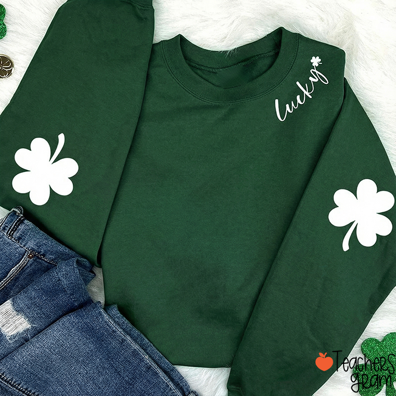 Lucky Shamrock Elbow St. Patricks Day Teacher Sleeve Print Sweatshirt