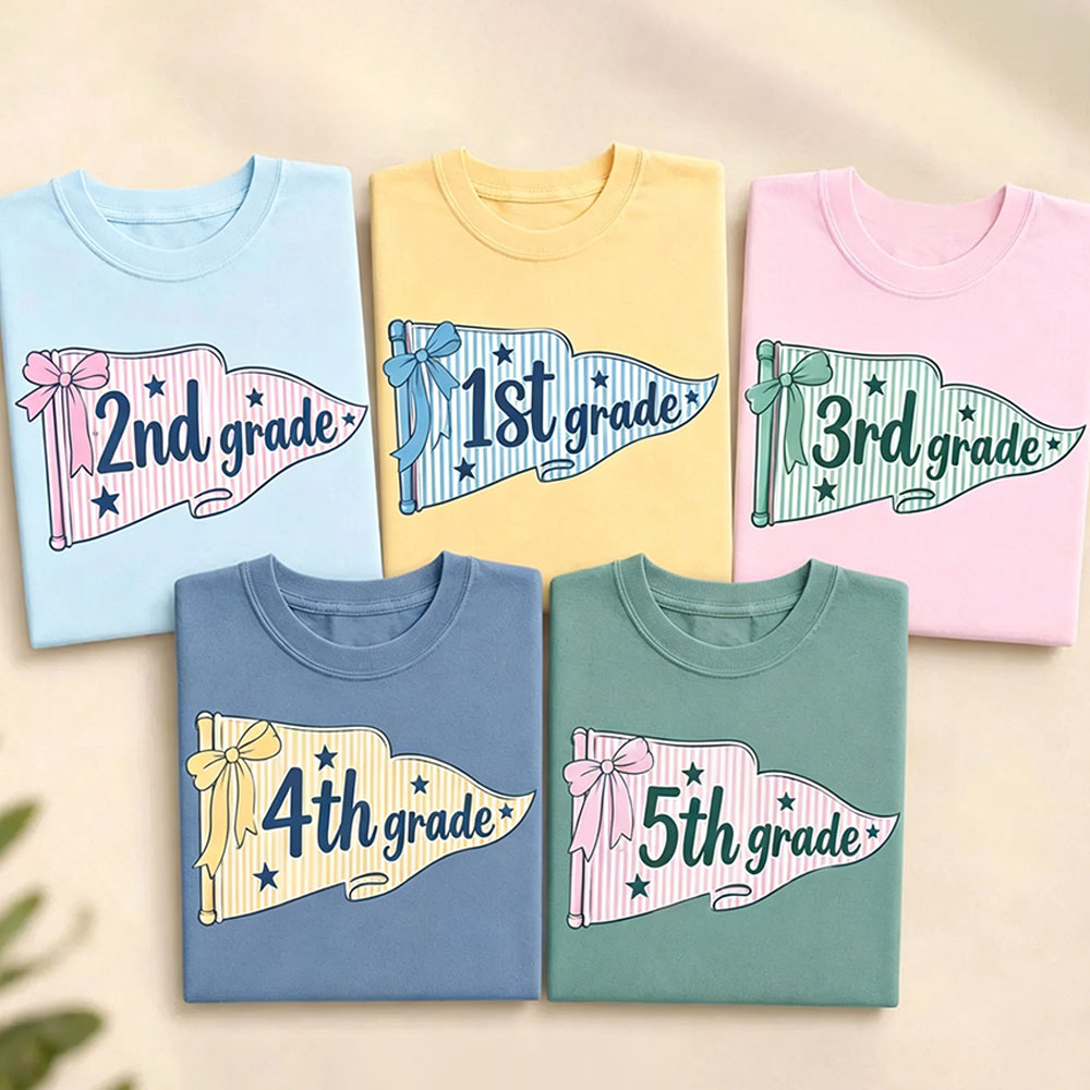 Personalized Grade Coquette Pennant Flag Teacher T-Shirt