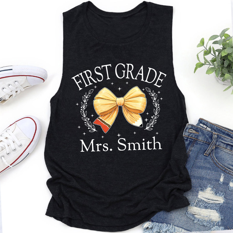 Personalized Name And Grade Bow Teacher Tank Top
