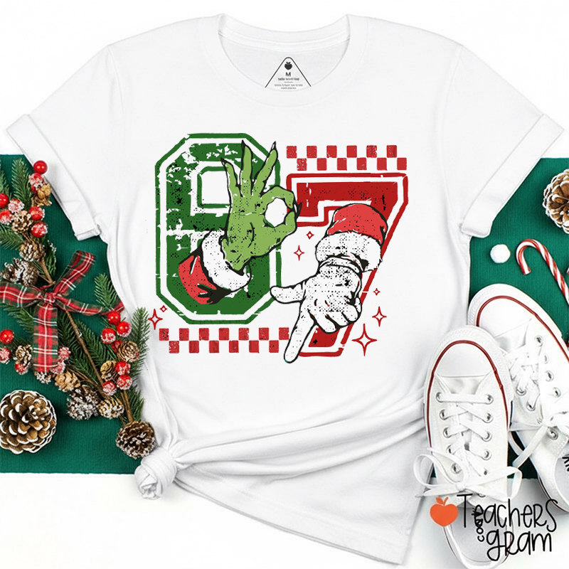 Six Seven Checkered Christmas Teacher T-Shirt