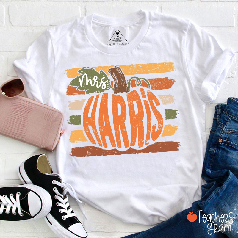 Personalized Name Fall Pumpkin Stripe Teacher T‑Shirt