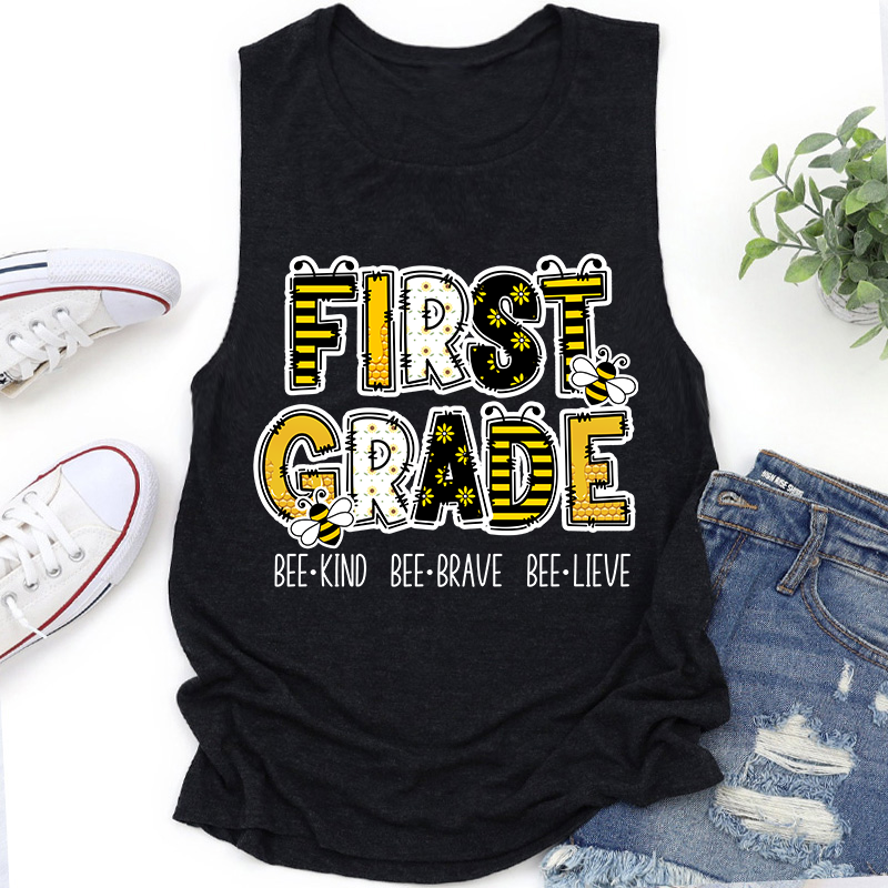 Personalized Grade Funny Bee Font Design Teacher Tank Top
