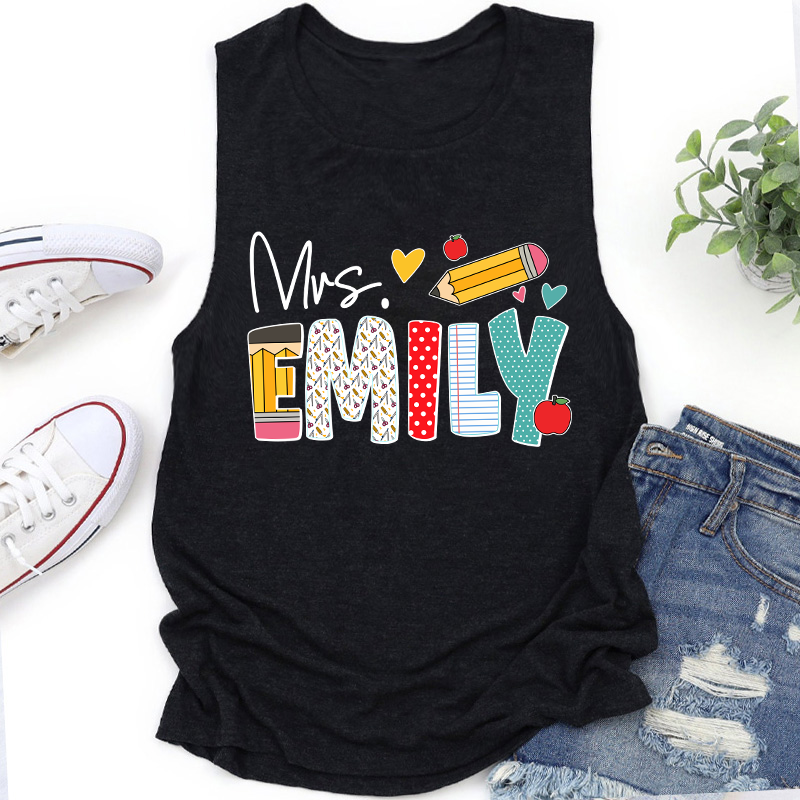 Personalized Teacher's Name Cute Pencil Icon Teacher Tank Top