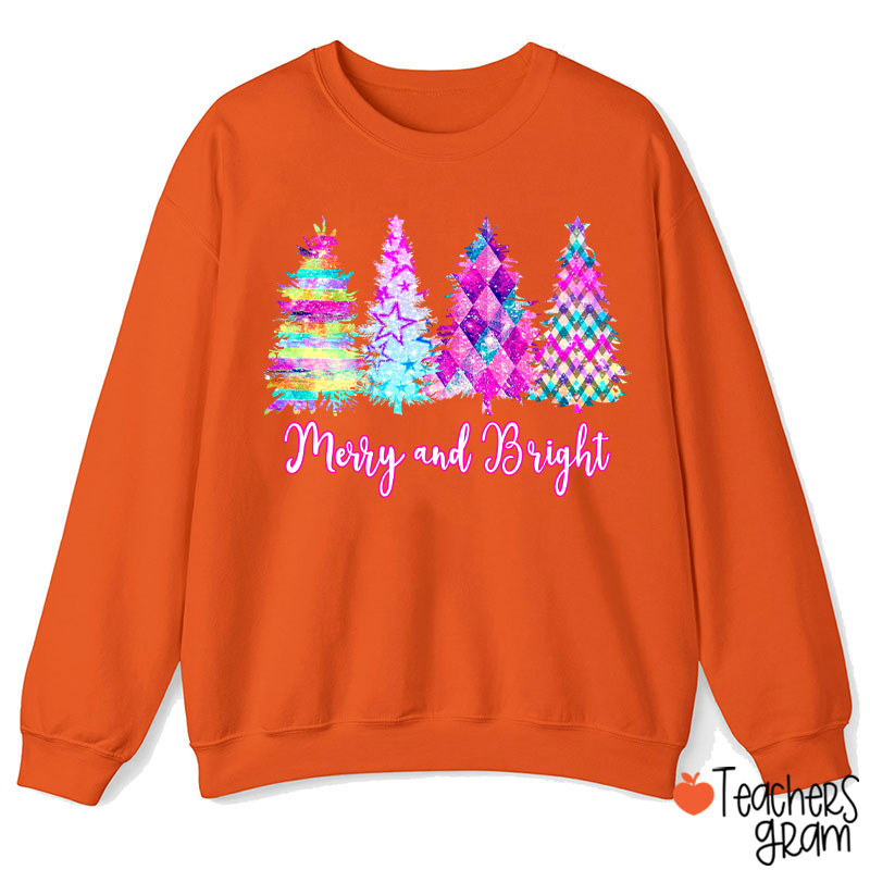 Merry And Bright Colorful Christmas Tree Teacher Sweatshirt