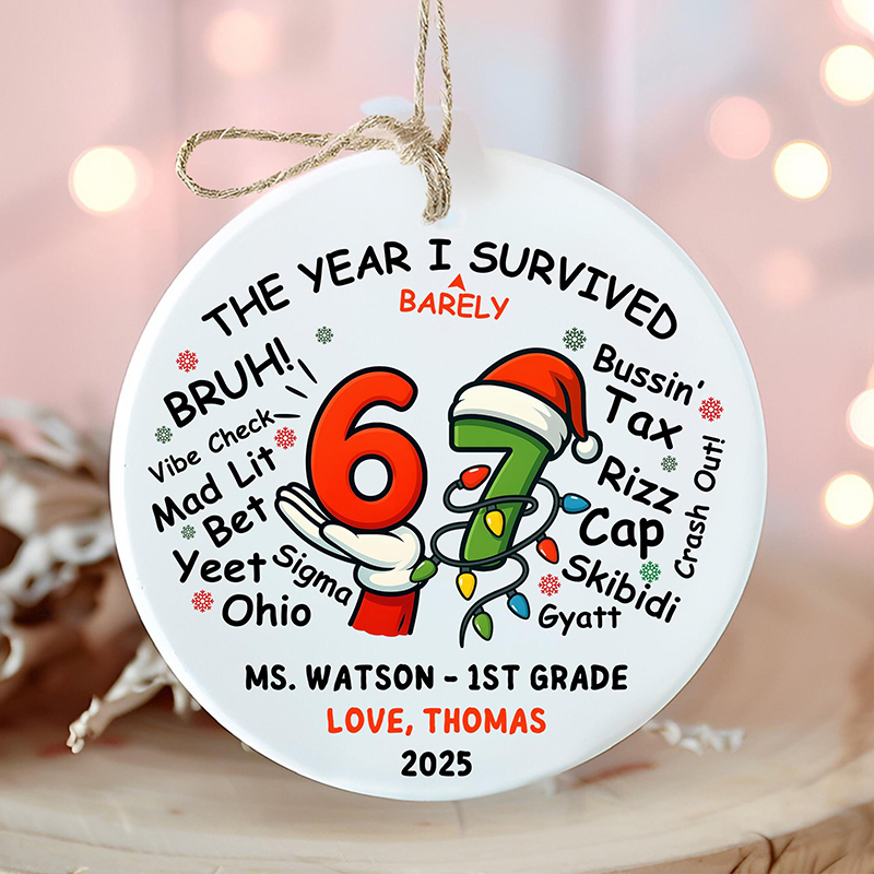 Personalized Name The Year I Survived Barely Bruh Teacher Ceramic Christmas Ornament