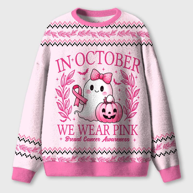 In October We Wear Pink Cute Ghost Pumpkin Ribbon Halloween Teacher Cardigan Sweater