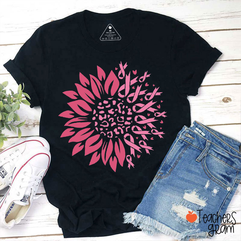 Pink Ribbon Sunflower Teacher T-Shirt