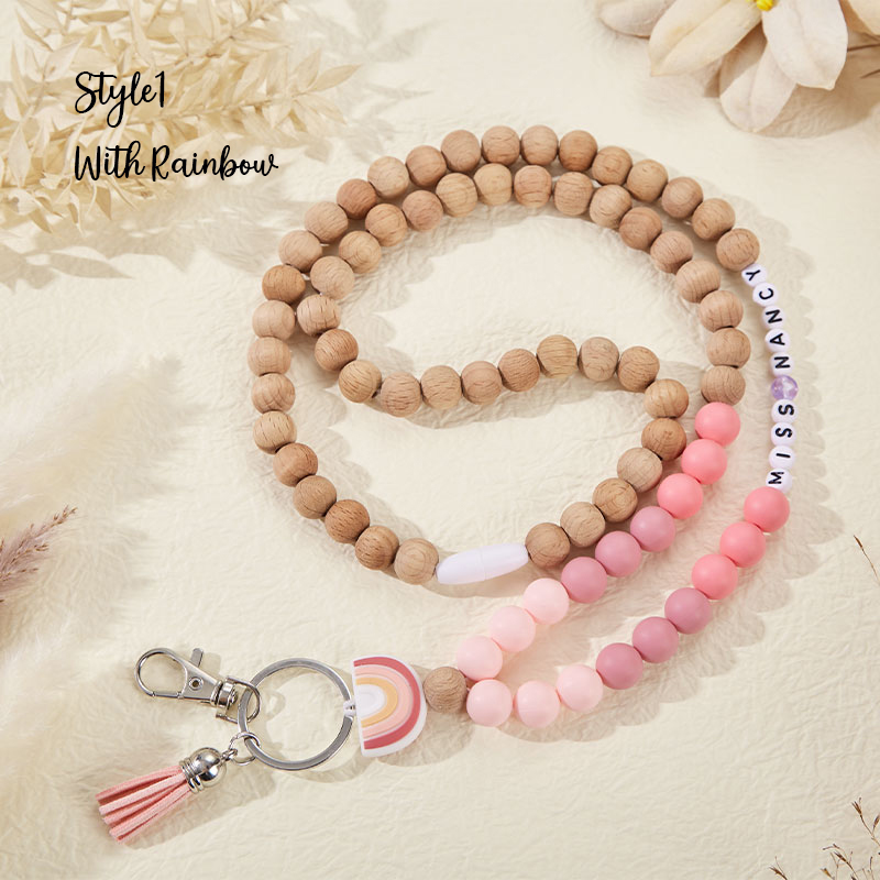 Personalized Name Multicolor Wooden Beads Teacher Lanyard