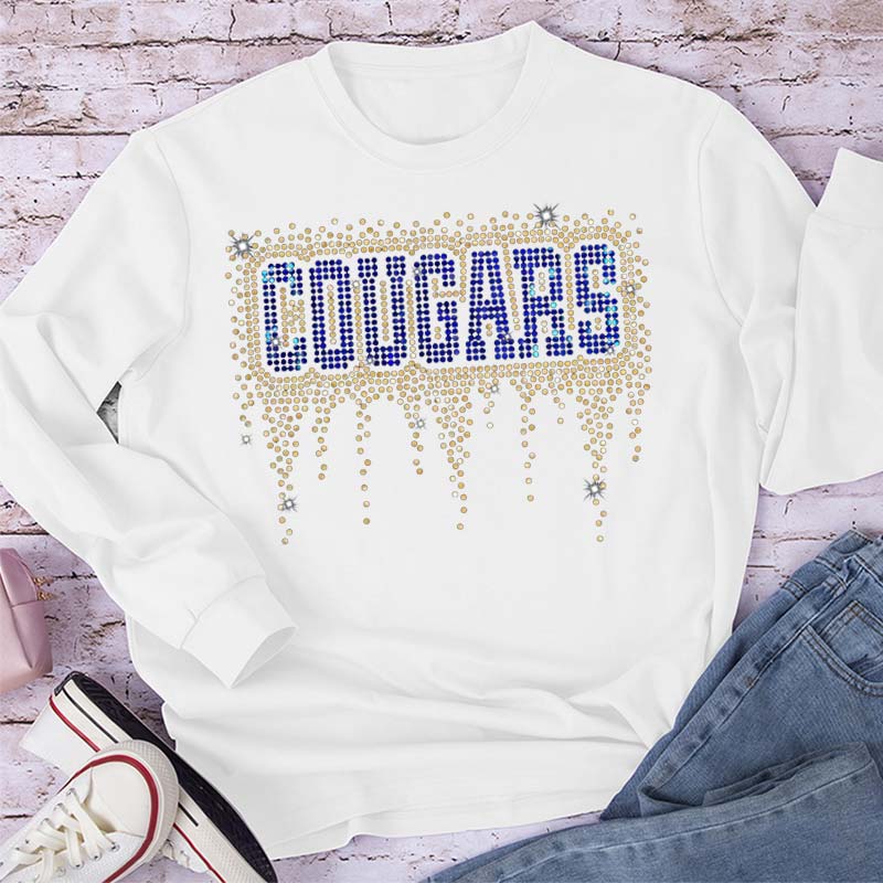 Personalized Mascot Drip Faux Rhinestone Teacher Long Sleeve T-Shirt