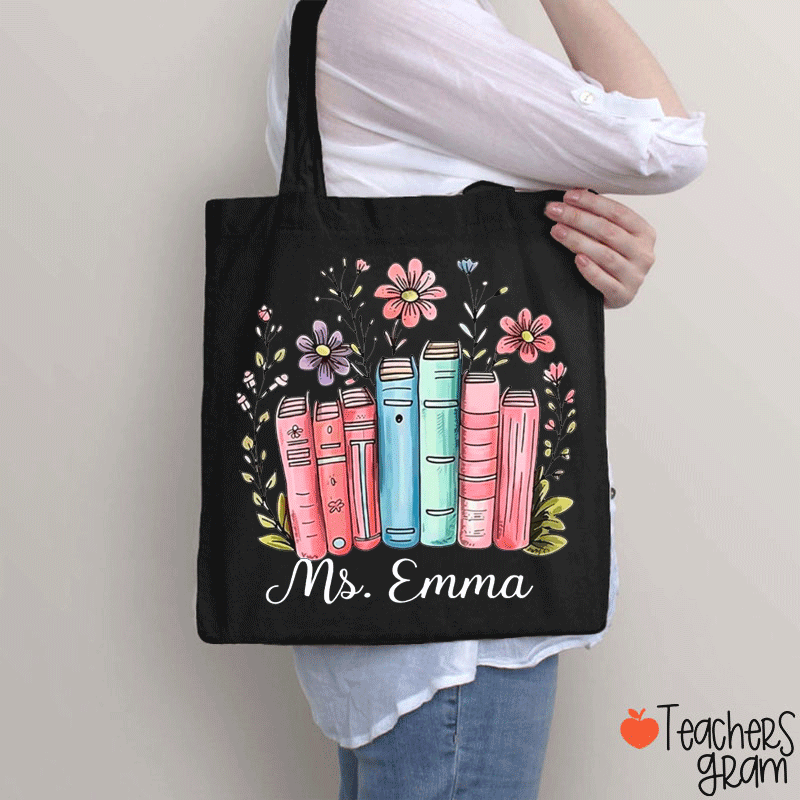 Personalized Name Flower Book Teacher Tote Bag