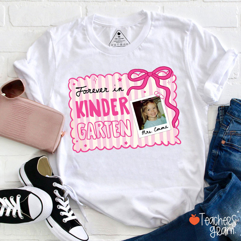 Personalized Name And Photo Coquette Bow Pastel Stripe Teacher T-Shirt
