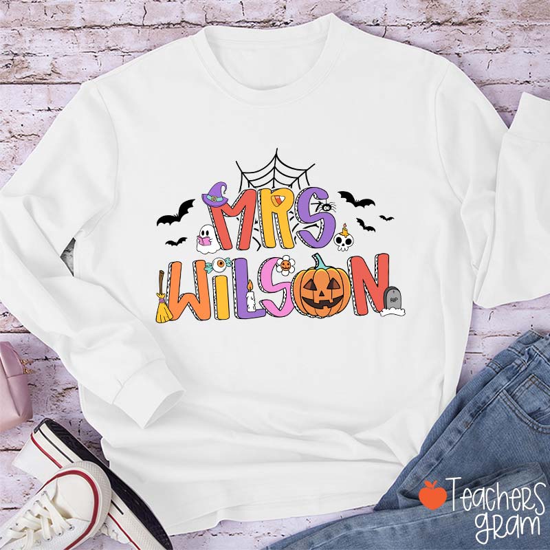 Personalized Name Spider Web Ghost Pumpkin Teacher Long Sleeve T-Shirt
