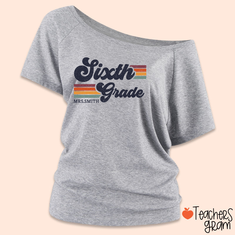 Personalized Grade And Name Retro Horizontal Stripes Teacher Off Shoulder Shirt