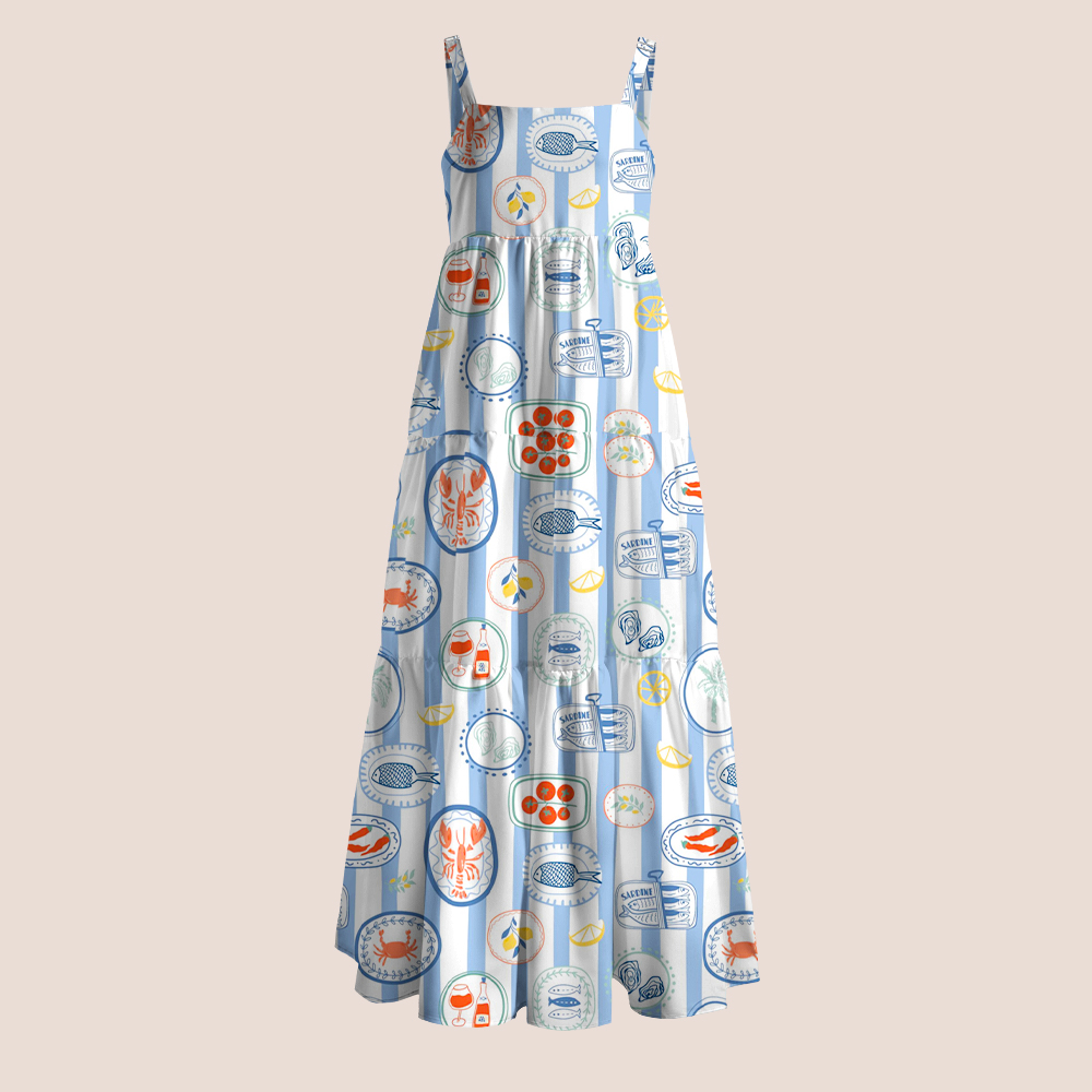 Summer Seafood Tile Blue White Stripe Teacher Slip Dress