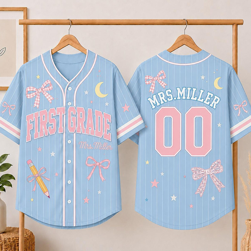 Personalized Grade And Name Bow Pencil Star Moon Graphic Teacher Baseball Jersey
