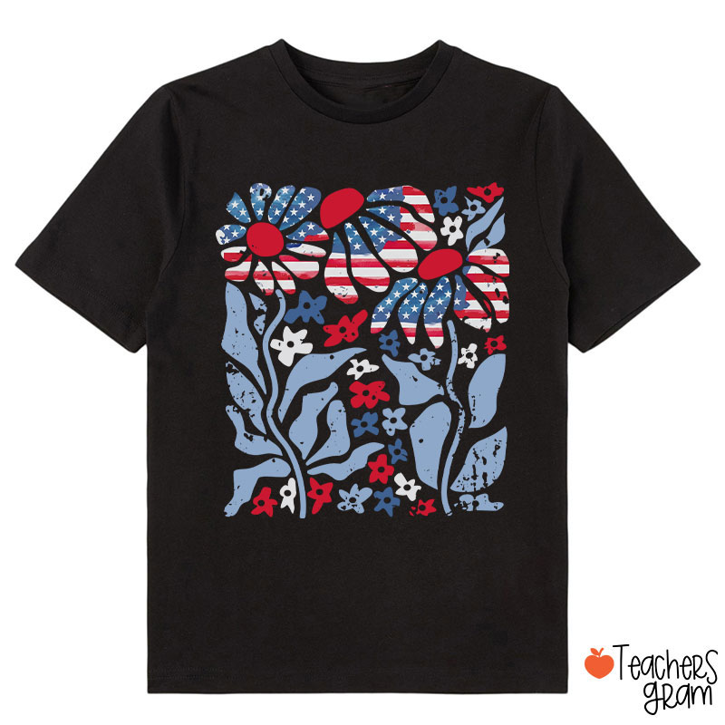 Boho Patriotic Daisy American Flag Floral Class T-Shirt