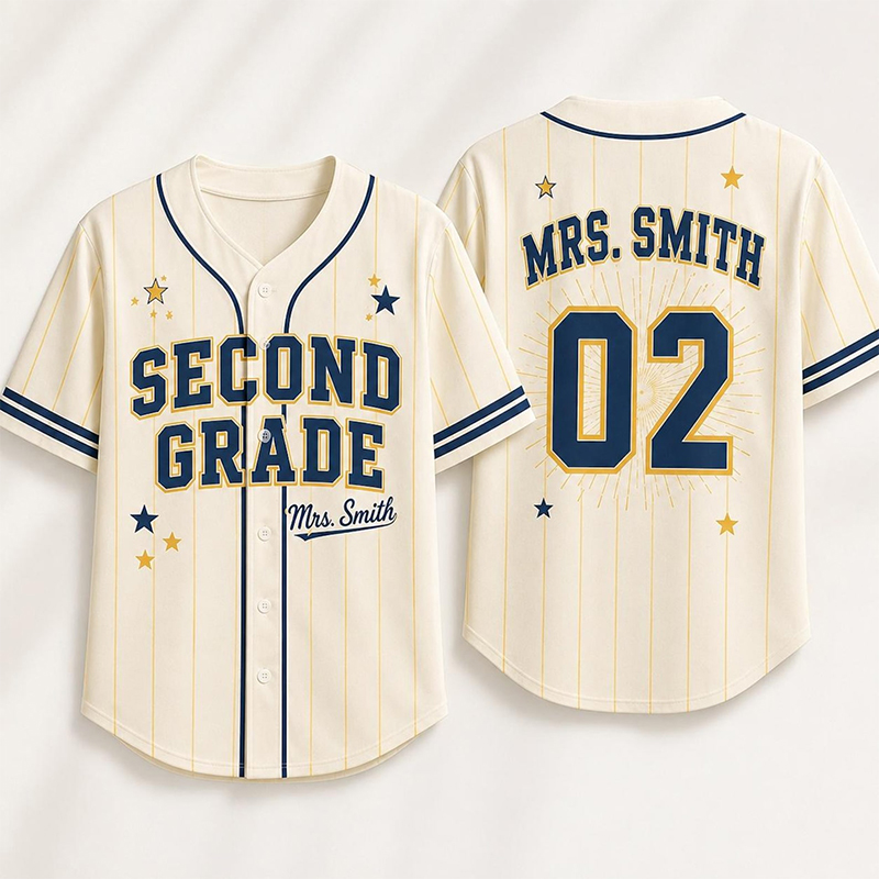 Personalized Grade And Name Preppy Pinstripe Star First Day Teacher Baseball Jersey