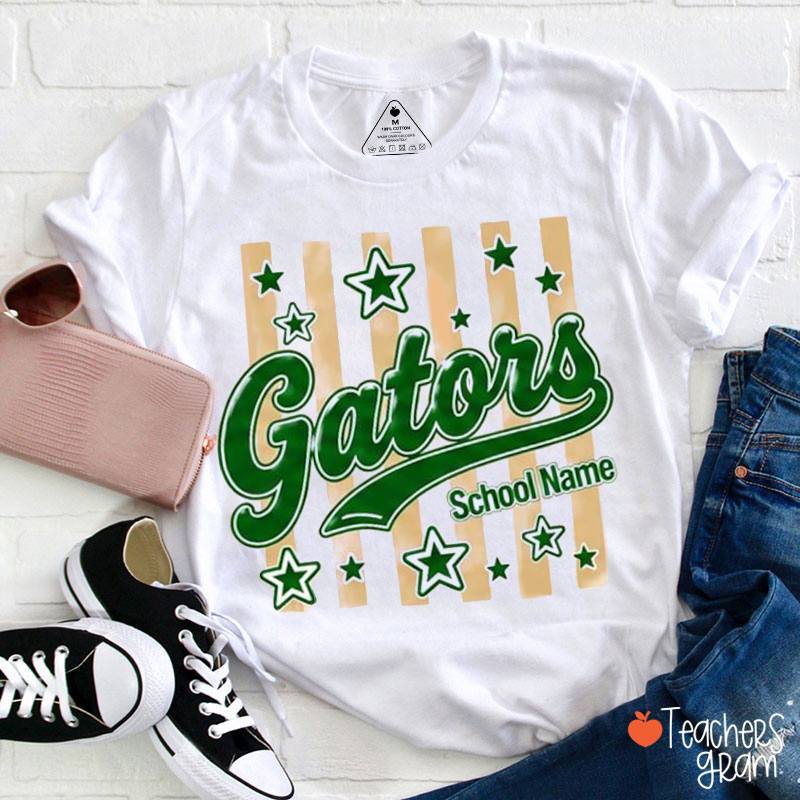 Personalized Mascot School Name Striped Star Script Teacher T-Shirt