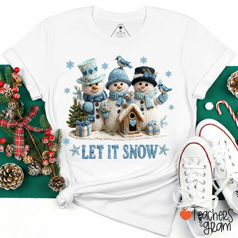 Faux Yarn Let It Snow Cute Snowman Teacher T-Shirt