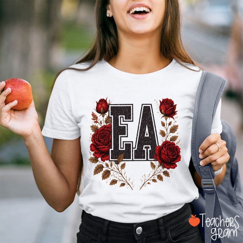 Personalized Initial Letter Red Rose Wreath Teacher T‑Shirt
