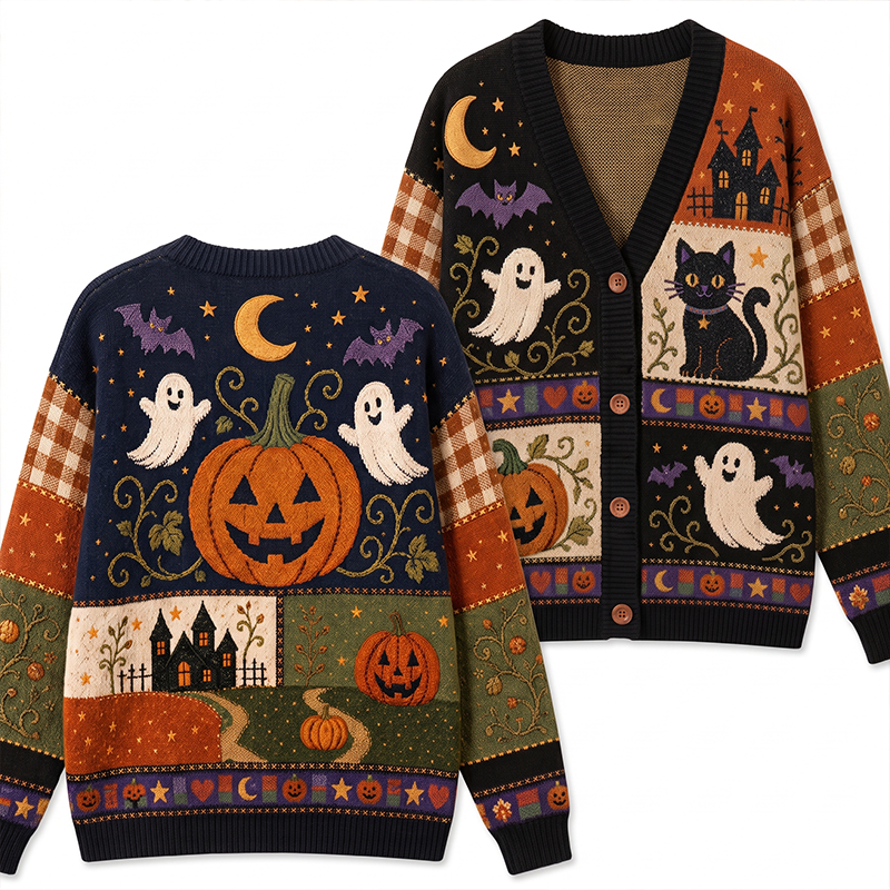 Halloween Ghost Pumpkin Black Cat Haunted House Plaid Teacher Ugly Cardigan Sweaters
