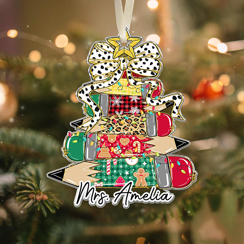 Personalized Name Bow Pencil Christmas Tree Teacher Ceramic Christmas Ornament