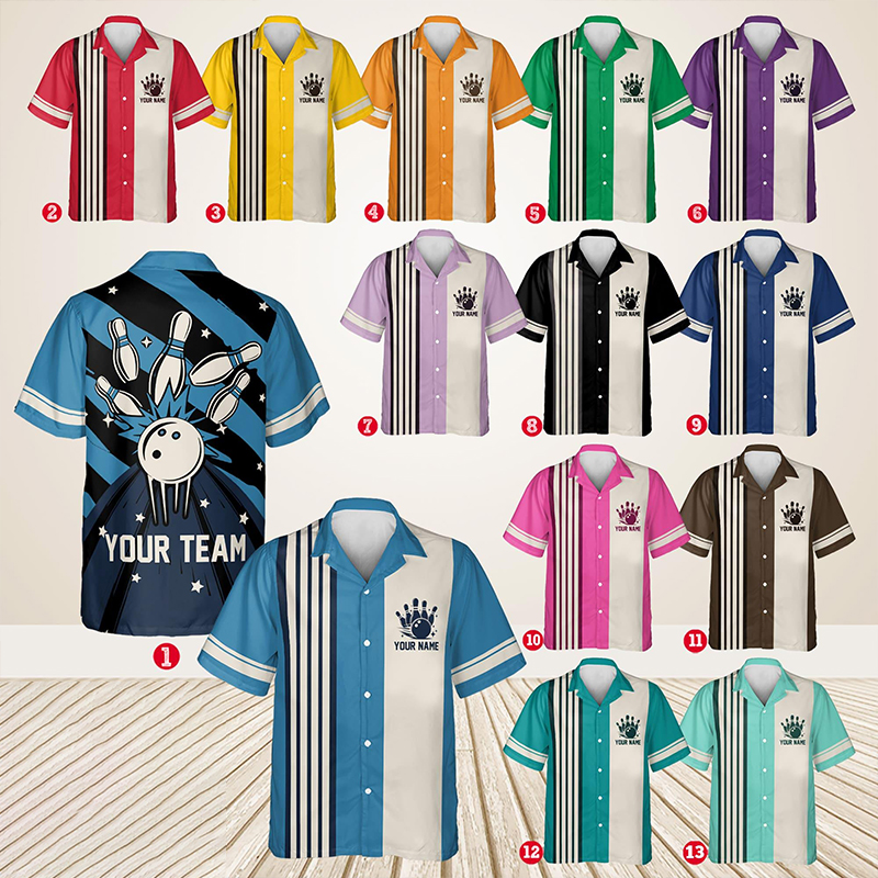 Personalized Name Retro Bowling Hawaiian Teacher Short Sleeve Shirt