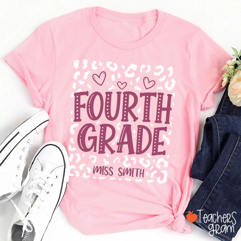 Personalized Name And Grade Leopard Heart Teacher T-Shirt