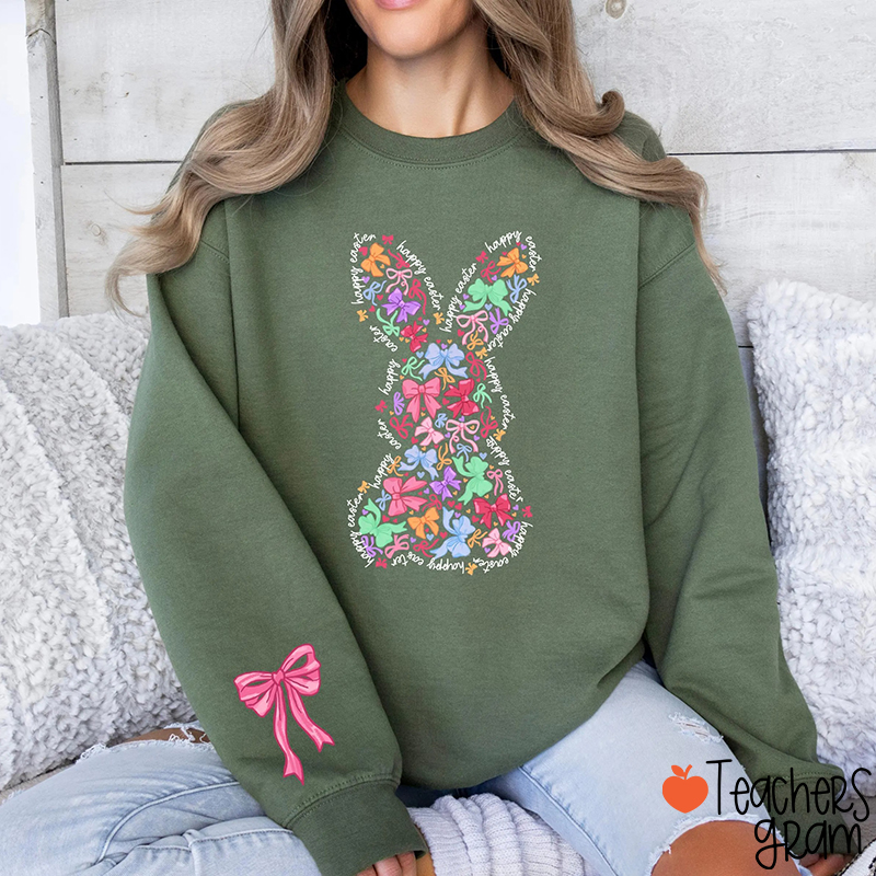 Coquette Bow Bunny Teacher Sleeve Print Sweatshirt
