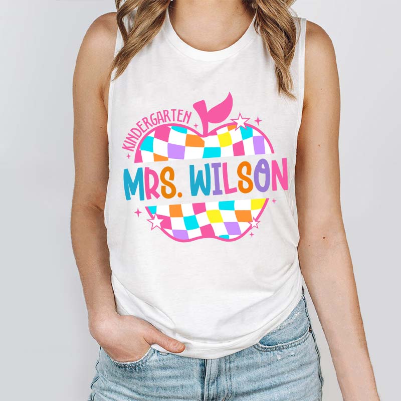 Personalized Colorful Checkerboard Hollow Apple Teacher Tank Top