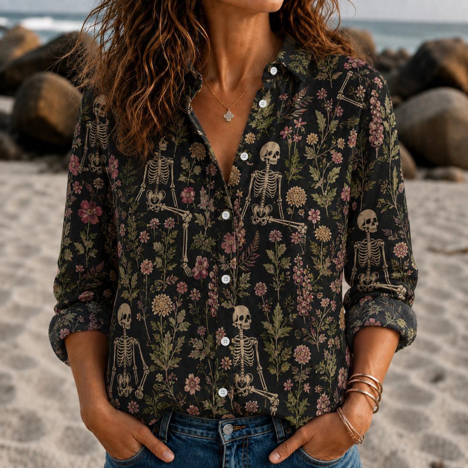 Dark Cottagecore Skeleton Wildflower Long Sleeve Shirt