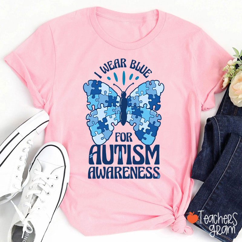Butterfly Puzzle I Wear Blue For Autism Awareness Teacher T-Shirt