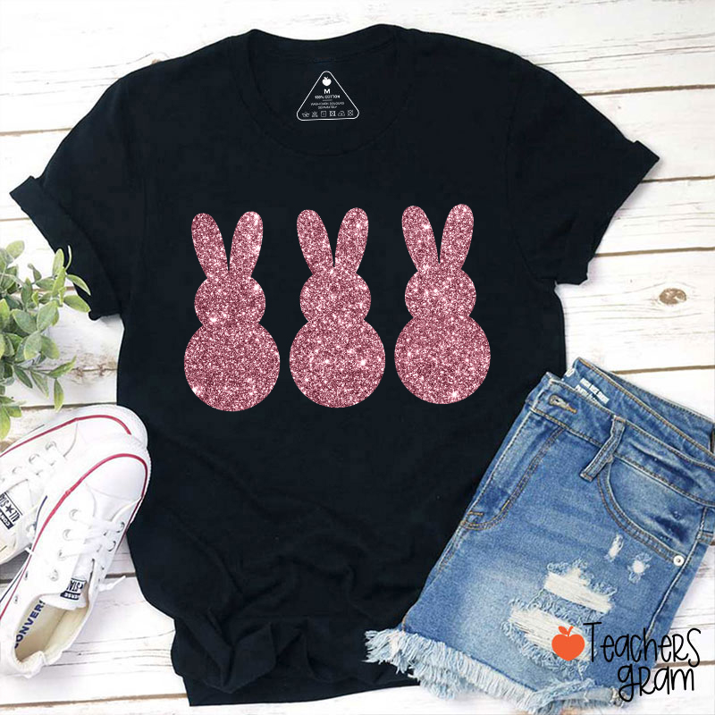 Three Glitter Cute Bunnies Teacher T-Shirt