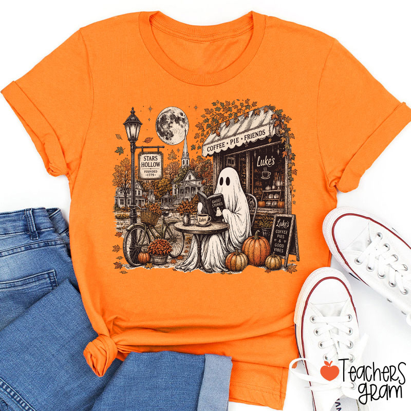 Ghost Reading At Coffee Shop Halloween Teacher T-Shirt