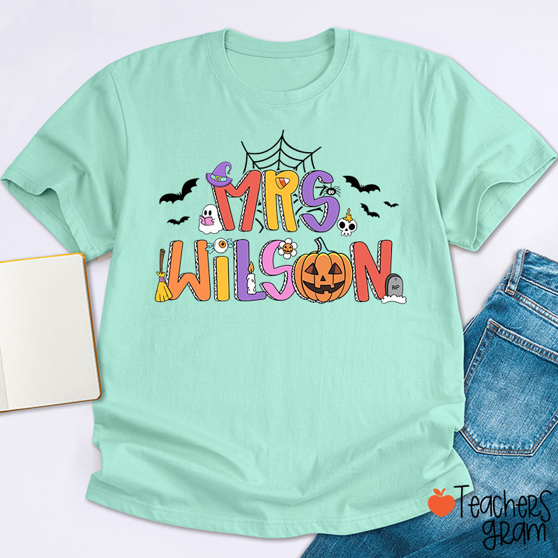 Personalized Name Spider Web Ghost Pumpkin Teacher T-Shirt