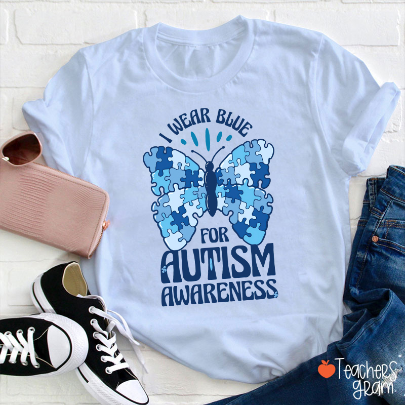 Butterfly Puzzle I Wear Blue For Autism Awareness Teacher T-Shirt Sale-Teachersgram