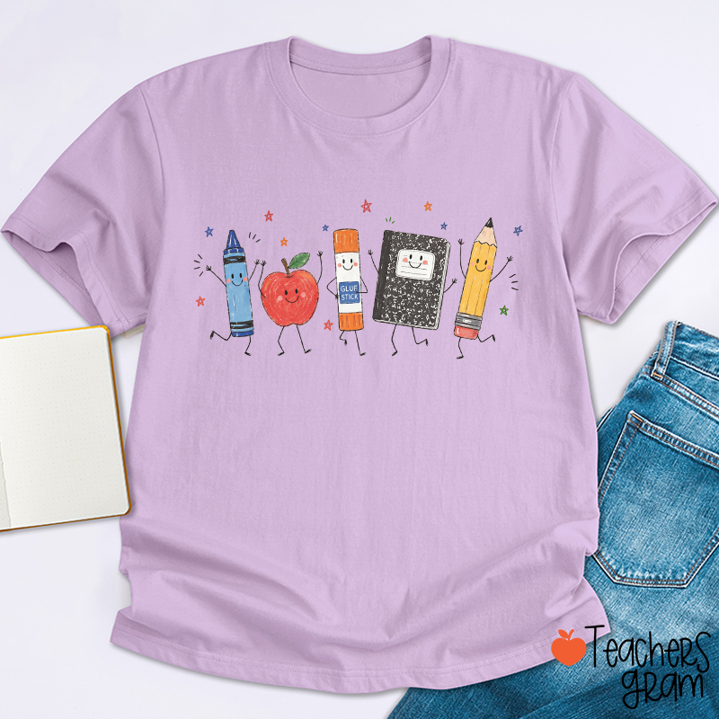 Cute Anthropomorphic School Supplies Teacher T-Shirt