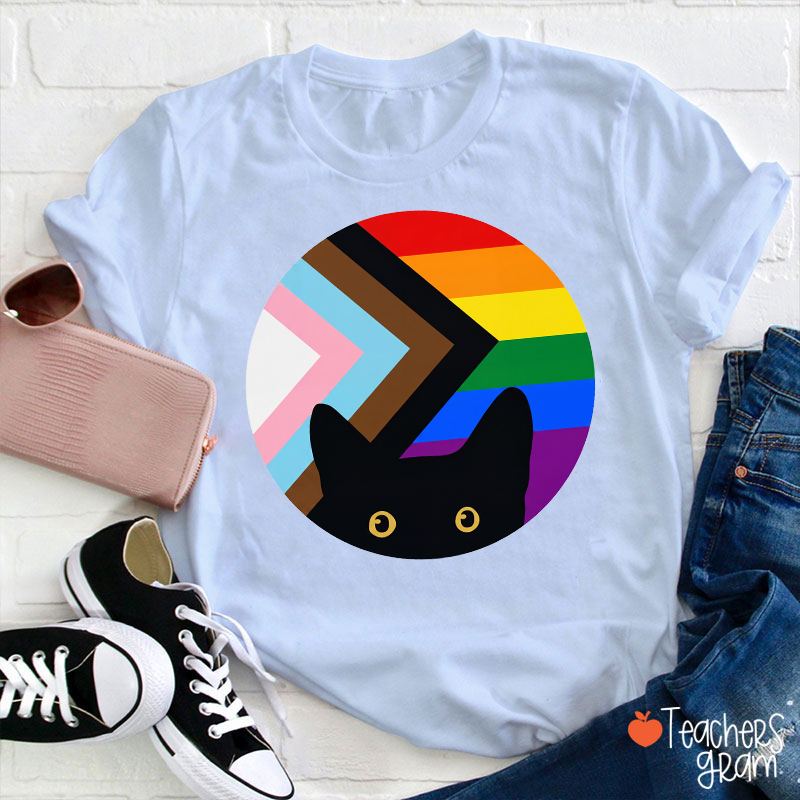 Rainbow And Black Cat Teacher T-Shirt