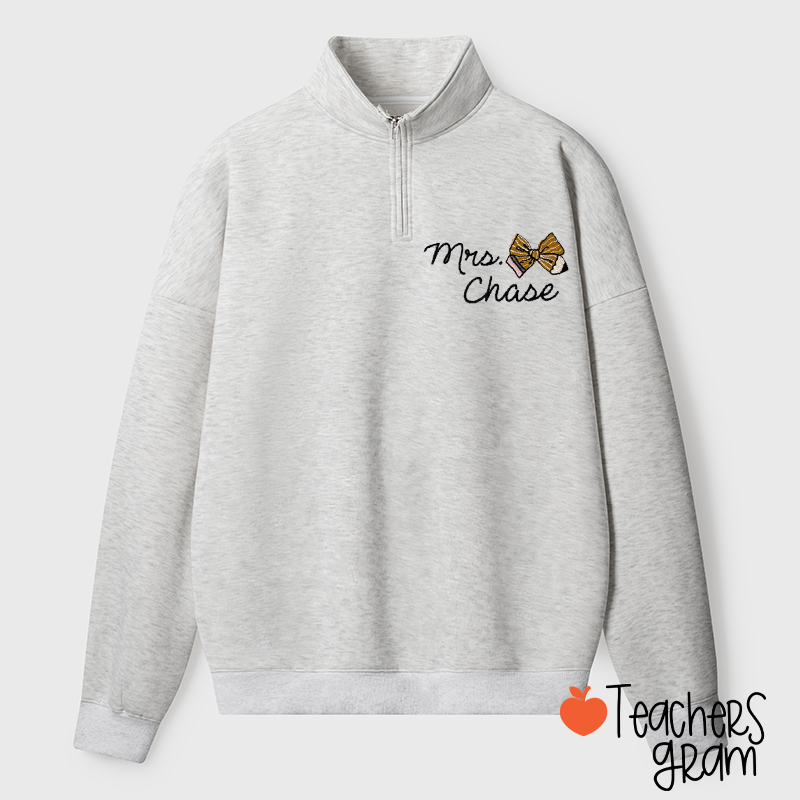 Personalized Name Bow Tie Pencil Teacher Quarter Zip Sweatshirt