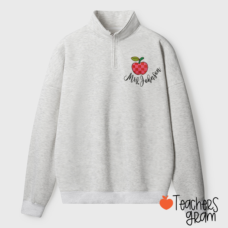 Personalized Name Checkerboard Apple Teacher Quarter Zip Sweatshirt