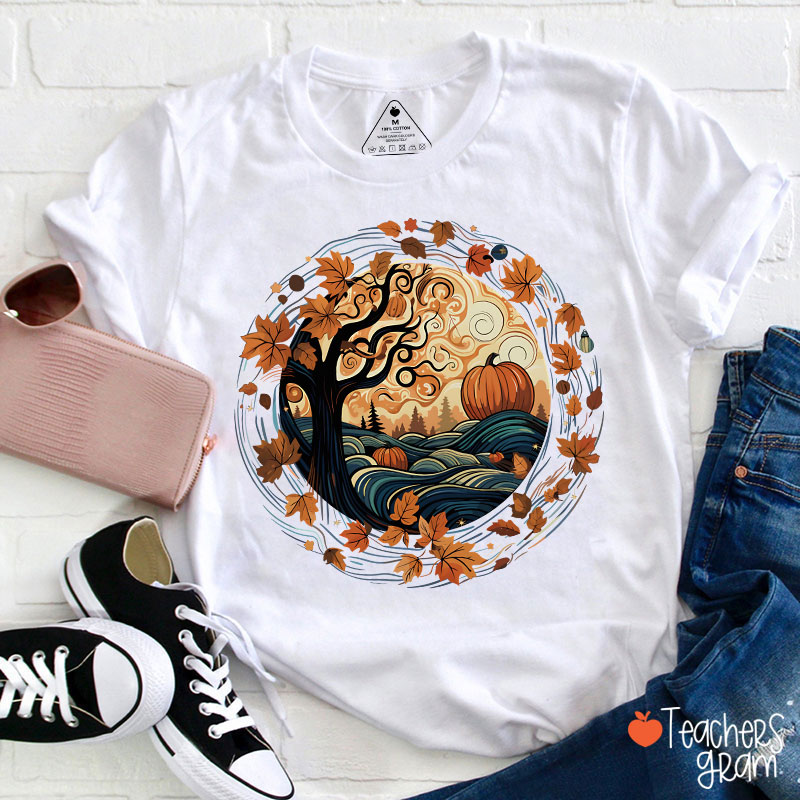 Cottagecore Pumpkins Leaves Trees Fall Vibe Teacher T-Shirt