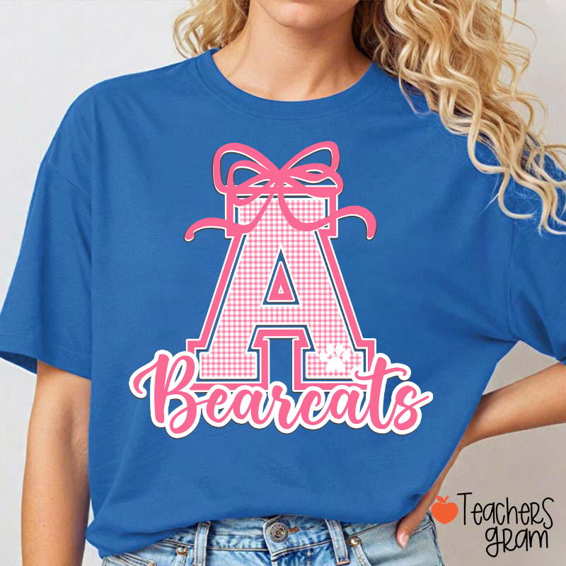 Personalized Mascot Gingham Varsity Coquette Bow Teacher T-Shirt